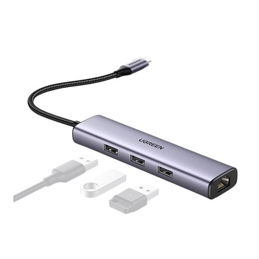 UGREEN 4-in-1 USB-C to USB 3.0 Ports 5Gbps 1000Mbps RJ45 LAN Ethernet Multiport Adapter Hub for Tablets, Keyboards, Laptops | 60600