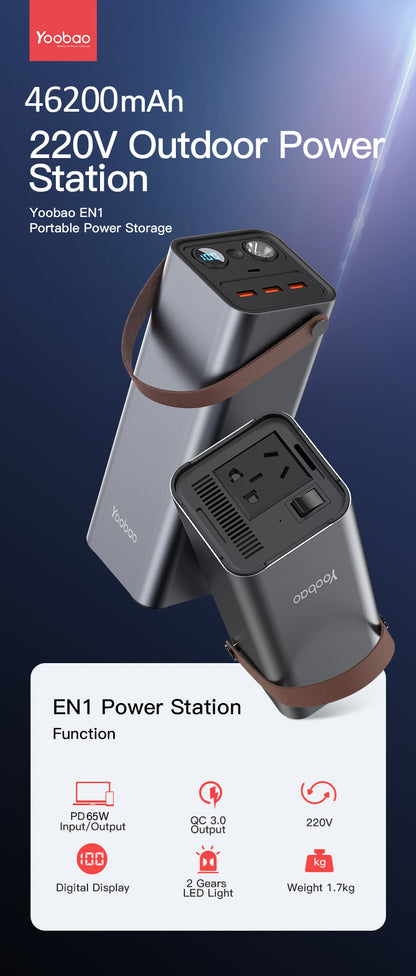Yoobao EN1 Generation 2 46200mAh Power Station Powerbank PD65W Power Delivery Two-Way Quick Charge with LED Light, and Built-in 220V Inverter for Emergency and Outdoor Activities