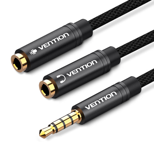 Vention AUX 3.5mm Male to AUX 4-Pole Dual 3.5mm Female 0.3-Meter Cotton Braided (BBM) Stereo Splitter Cable For Mobile Phones, PC, Laptops, Speakers