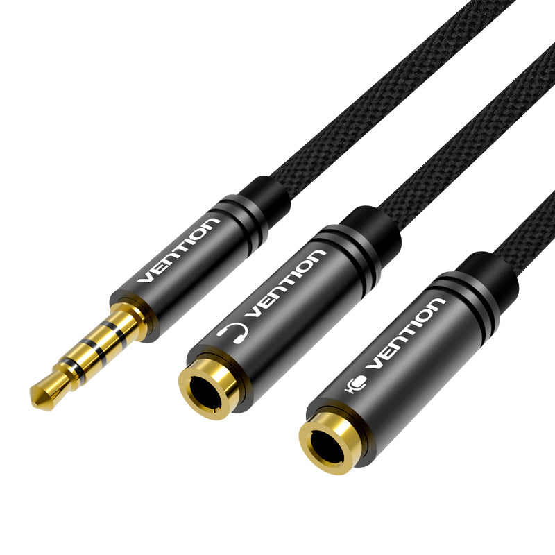 Vention AUX 3.5mm Male to AUX 4-Pole Dual 3.5mm Female 0.3-Meter Cotton Braided (BBM) Stereo Splitter Cable For Mobile Phones, PC, Laptops, Speakers