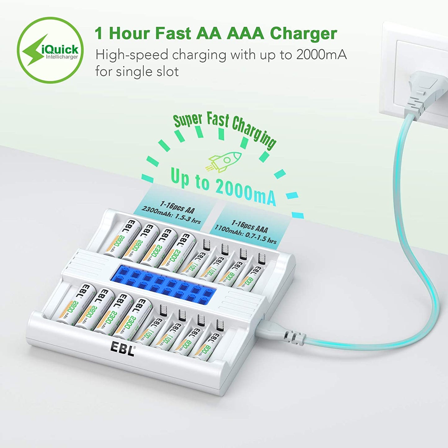 EBL TB-6178 16-Bay Smart Battery Charger with LCD Status Display, Independently Controlled Fast Charging Slots, and Built-In Overcharging Protection for AA AAA NiMH Rechargeable Batteries