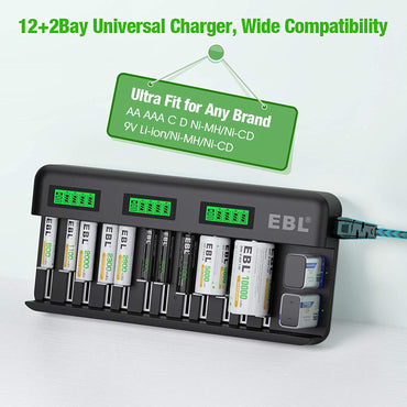 [CLEARANCE] EBL TB-6036 12-Bay Multipurpose Smart Battery Charger with LCD Status Displays, Independently Controlled Charging Slots, 2 Additional 9V 6F22 Compatible Terminals for Ni-MH Ni-CD Rechargeable Batteries
