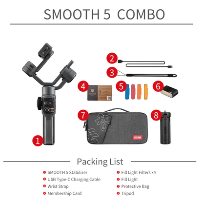 [CLEARANCE] Zhiyun Smooth 5 Combo Smartphone 3-Axis Gimbal Stabilizer Kit with Tripod, 12 Hours Battery Life, USB-C PD Fast Charging, On-board and Mobile App Controls for iPhone & Android Phone