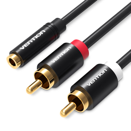 Vention 3.5mm Stereo Female to Dual RCA Male Audio Y-Cable (VAB-R01) Black Metal Type Gold Contacts for PC, Mobile Phone, Music Player (Available in 1M, 1.5M, and 2M)