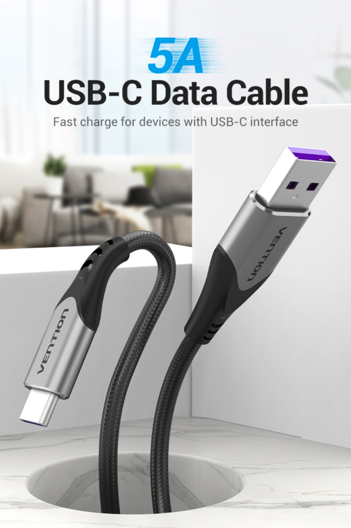 Vention USB-C to USB 2.0-A Cotton Braided Fast Charging Cable 480Mbps (COFH) Gray Aluminum (Available in Different Lenghts)