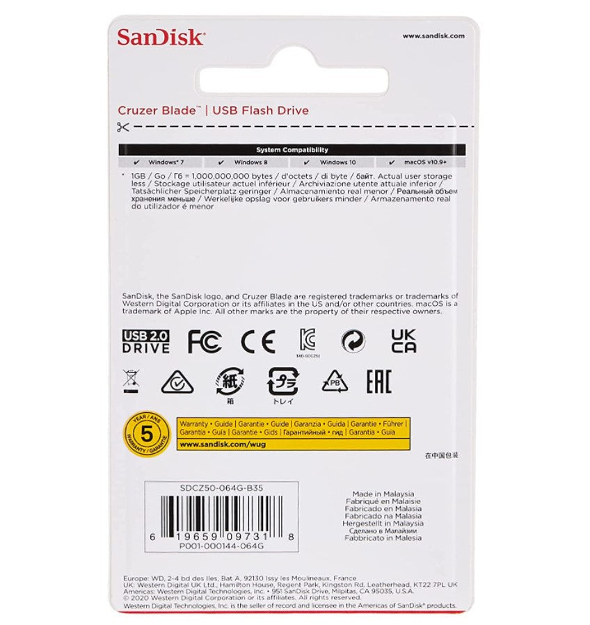 Sandisk Cruzer Blade USB 2.0 Flash Drive with Sandisk Secure Access Sofware for PC  (64GB, 128GB) SDCZ50-064G-128G-B35