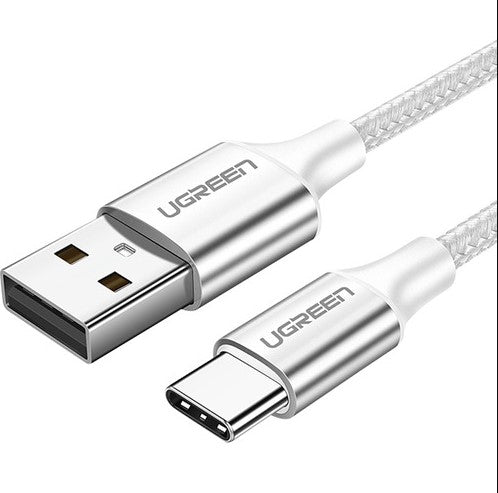 UGREEN USB A 2.0 Male to USB C Male Fast Charging Cable with 480Mbps Data Transmission and Aluminum Nickle-Plated Braid Connectors - White (0.5 Meter, 1 Meter, 1.5 Meters, 2 Meters, 3 Meters)
