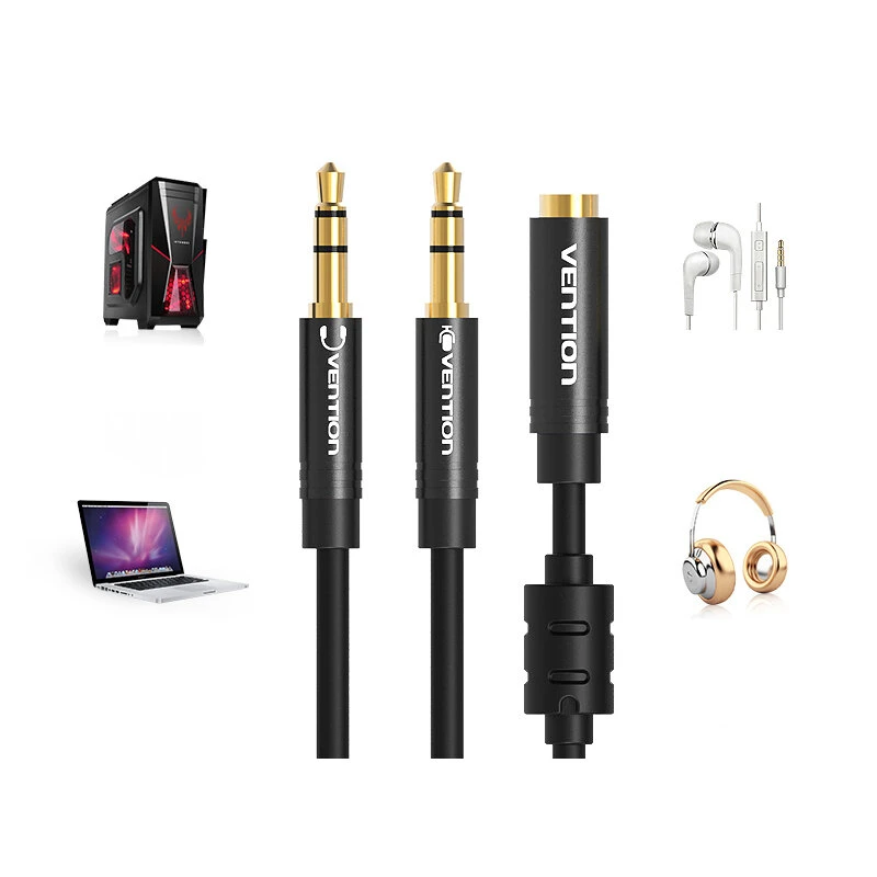 Vention AUX 3.5mm Male to AUX 4-Pole Dual 3.5mm Female 0.3-Meter with Ferrite Core (BBO) Stereo Splitter Cable For Mobile Phones, PC, Laptops, Speakers
