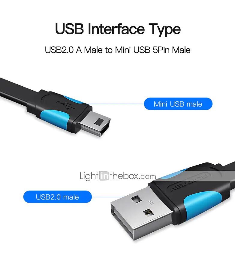 Vention USB 2.0 Male to Mini USB Male Copper Conductor Data Cable High Speed Transmission for Laptop, PC, Camera, Charger (VAS-A14)