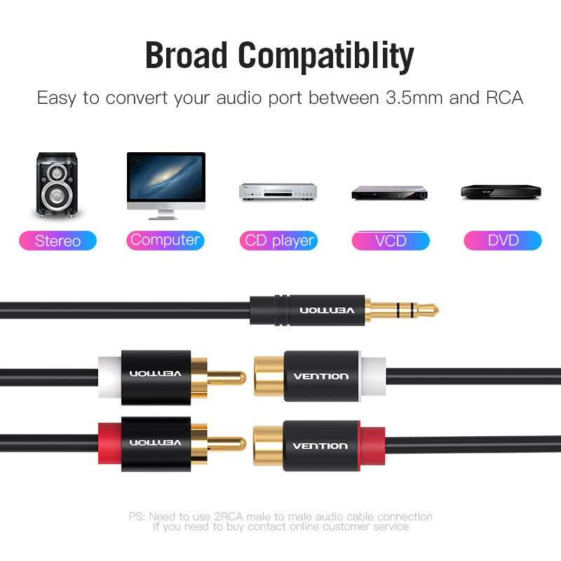 Vention 3.5mm Male to 2RCA Female Audio Cable Gold-plated for Stereo, Computer, CD player, VCD and DVD (VAB-RO2)