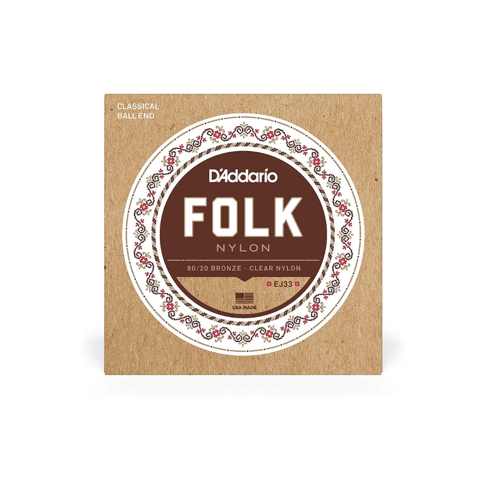 D'Addario Folk Nylon 80/20 Bronze / Clear Nylon Classical Guitar Strings Set with Normal Tension Ball End for Classical & Acoustic Guitars | EJ33