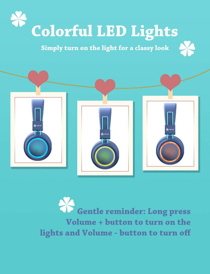 iClever BTH03 Kids Wireless Headphones Blue with Colorful LED Lights Bluetooth 5.0 Twistable Adjustable Foldable Headband 25hours Playtime