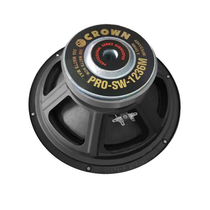 Crown 360W 12" Karaoke Subwoofer Speaker with 49.9mm Voice Coil, 96dB Sensitivity Level, Max 8 Ohms Impedance, 70hz-2.5khz Frequency Response (PRO-SW-1236M)