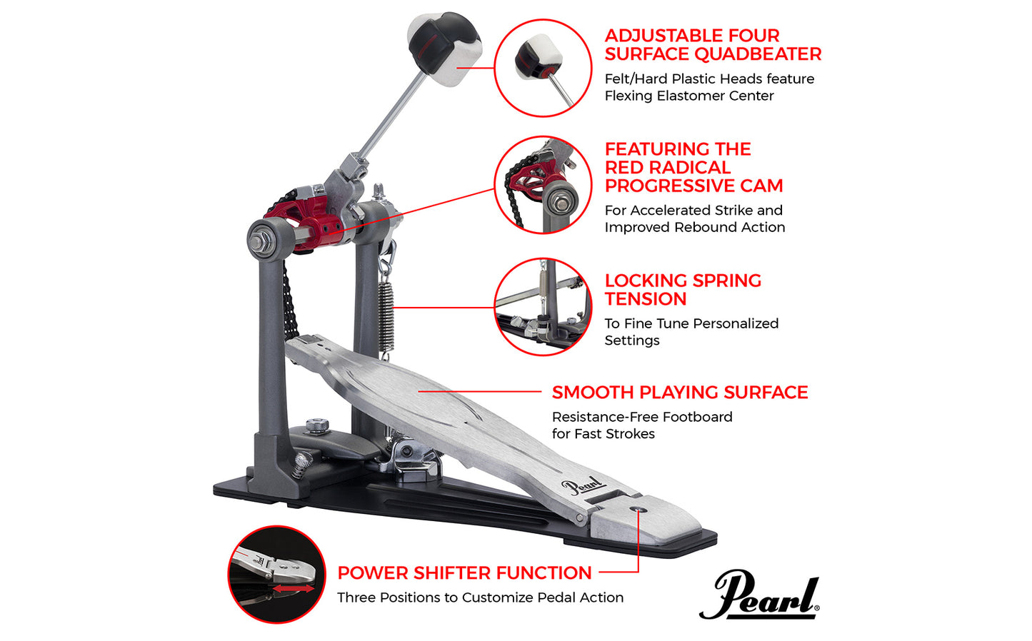 Pearl P1030R Eliminator Solo: Red Cam Single Bass Drum Kick Pedal with Control Core Quad-beater Footboard Powershifter Function