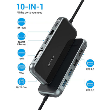 Vention 10 in 1 USB-C Hub 10-Ports Docking Station (USB 3.0, USB 2.0, SD/TF, VGA, HDMI, RJ45, PD) (TFGHB)