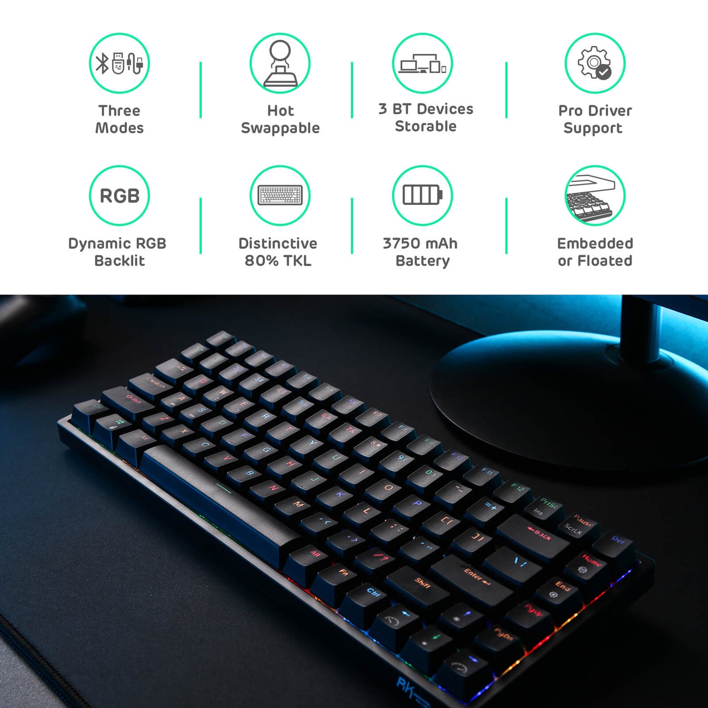 Royal Kludge RK RK84 RGB 84 Keys Mechanical Gaming Keyboard 2.4G Wireless Bluetooth Hot-Swappable with Bluetooth 5.0