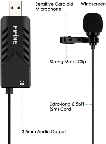 [CLEARANCE] Fifine K053 USB Lavalier Lapel Microphone Clip-on Cardioid Condenser Computer mic Plug and Play USB Microphone with Sound Card for PC and Mac