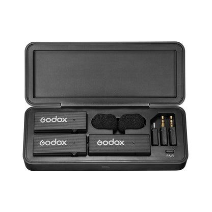 [CLEARANCE] Godox MoveLink Mini Kit 2 UC Wireless Lavalier Microphone System (TX TX RX) with 328ft Wireless Range, Built-In Rechargeable Batteries and Charging Case for Cameras, iPhone and Android Smartphones (USB-C)