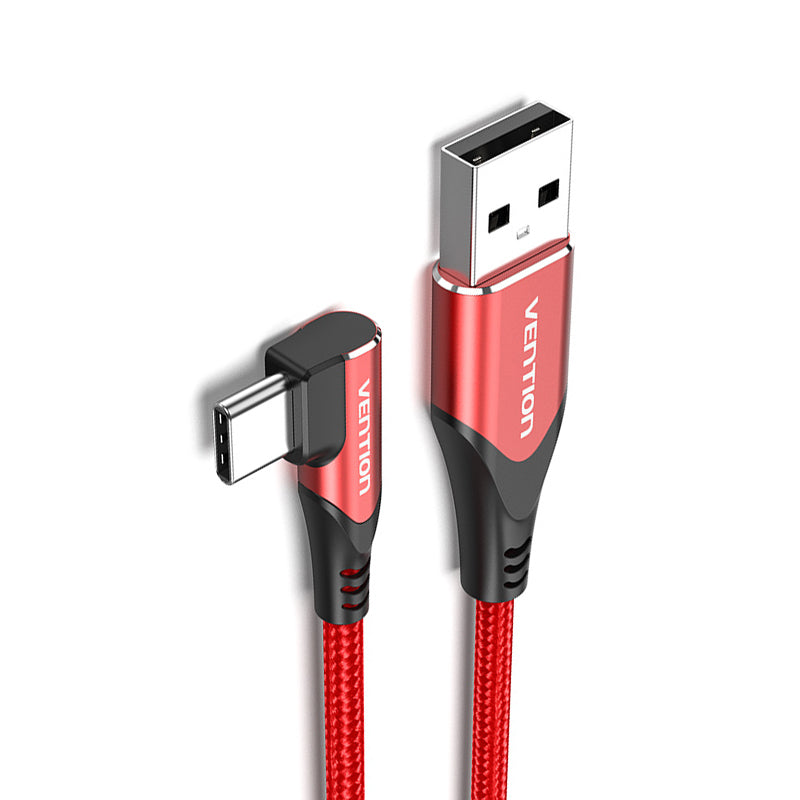 Vention Right Angle Type-C Male to USB 2.0-A Male Nickel Plated Red Braided 3A Fast Charging Cable with 480Mbps Transfer Speed for Smartphones (Available in 1M, 1.5M, 2M) | COER