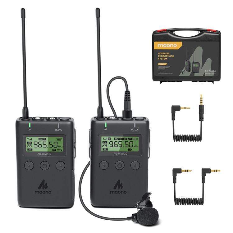 MAONO AU-WM-730 Wireless Lavalier Lapel Microphone with -10dB Attenuation and Low Cut, Real-time Audio monitoring, 48-Channel and Mute Compatible with DSLR Cameras, Camcorders, iPhone, Android Smartphones, and Tablets