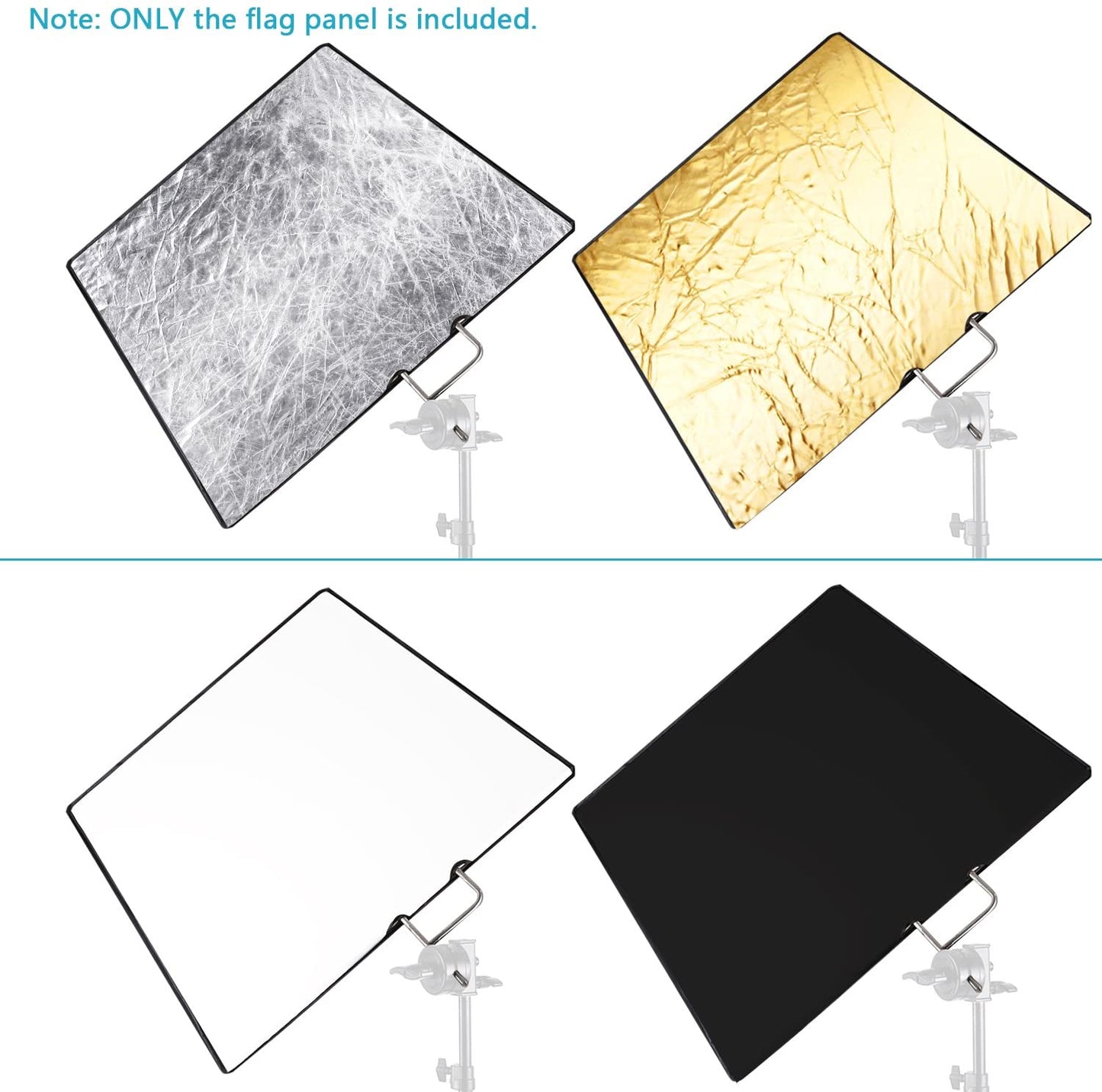 PXEL RF-7590 4-in-1 Metal Flag Panel Set Reflector with Soft White, Black, Silver and Gold Cover Cloth Scrim flag for Photo Video Studio Photography