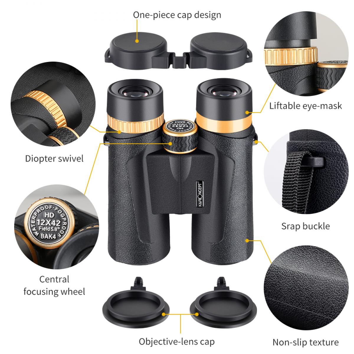 K&F Concept 12x42 Binoculars IP65 Waterproof Fogproof with 20mm Large View Eyepiece and Smartphone Holder for Phone Viewing