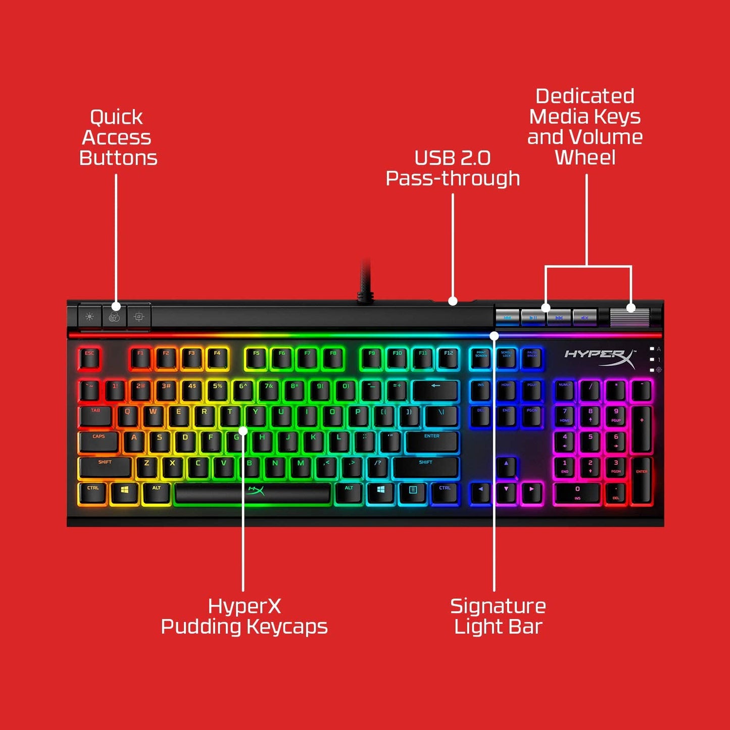 HyperX HKBE2X-1X-US/G Alloy Elite 2 Mechanical Gaming Keyboard ABS Pudding Keycaps, Media Controls, RGB LED Backlit Linear Switch, HyperX Red