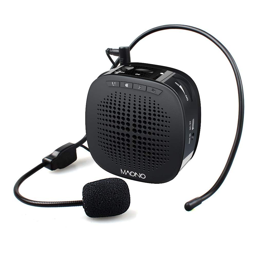 Maono AU-C03 Portable Rechargeable Voice Amplifier with Wired Headband Microphone, Speaker and Waistband, Support MP3/TF/SD Card and Aux-in Black