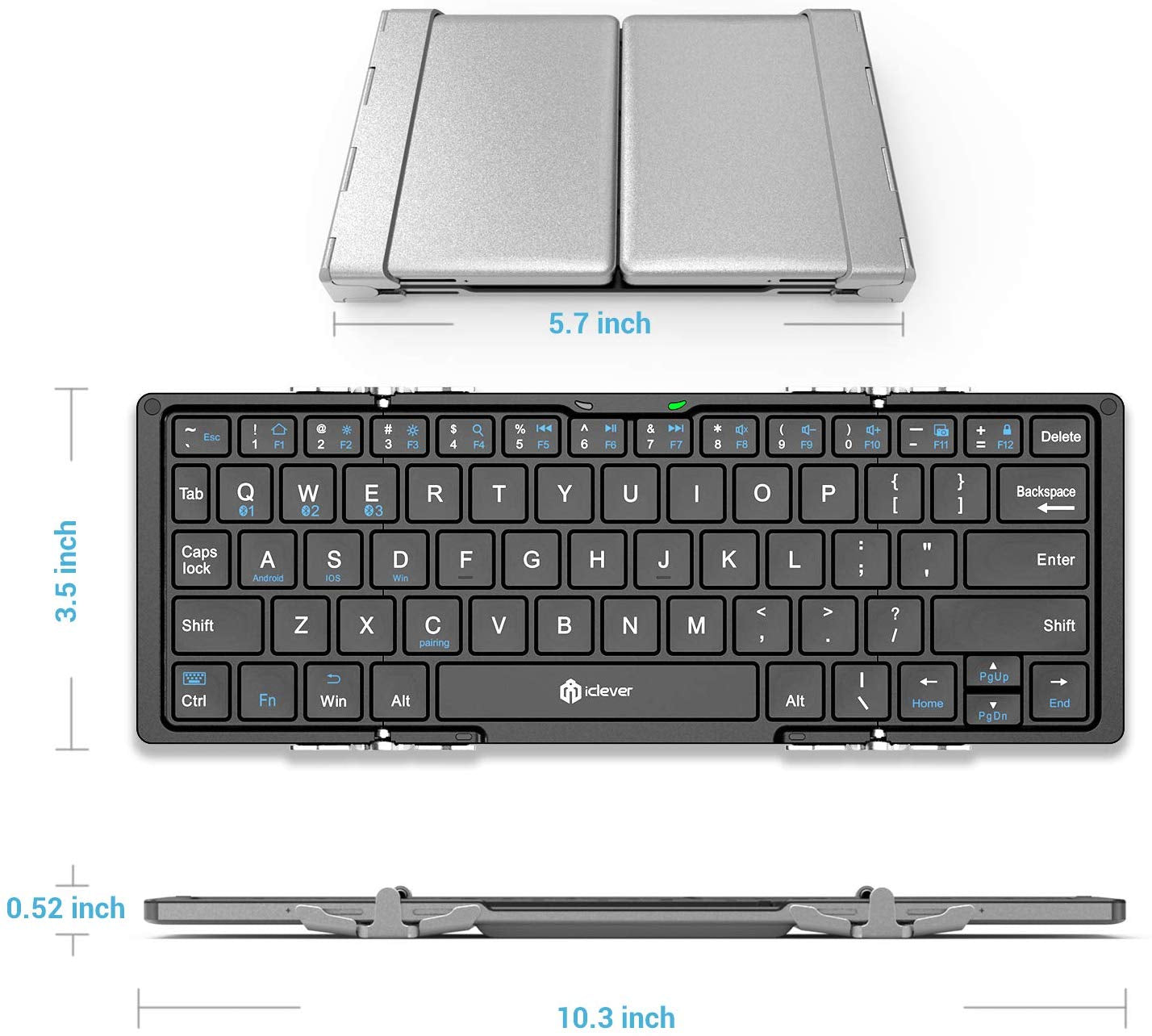 iClever BK03 Tri-folding Wireless Keyboard Silver Portable with Durable Foldable Aluminum Alloy Housing Bluetooth 5.1  60hours Battery Rechargeable