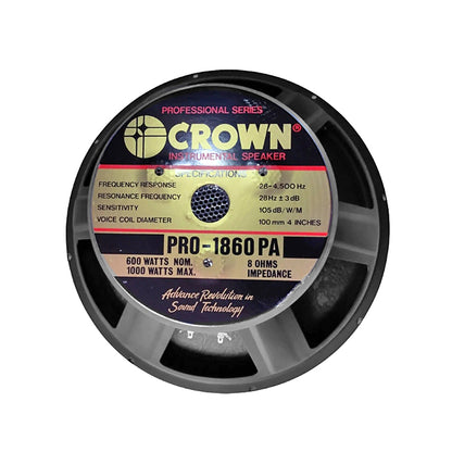 Crown 1000W 18" Instrumental Sound Audio Speaker with 100mm Voice Coil, Max 8 Ohms Impedance, 28Hz-4.5kHz Frequency Response, 105dB Sensitivity Level (PRO-1860PA)