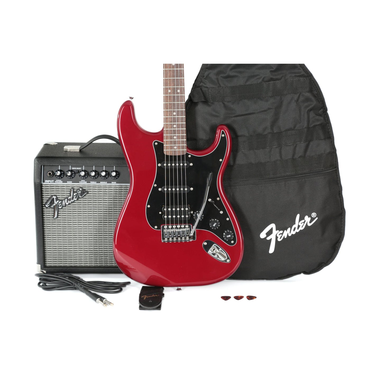 Squier Electric Guitar Affinity Strat HSS Pack in Candy Apple Red with Amplifier (AF PK STRAT HSS GB CAR)