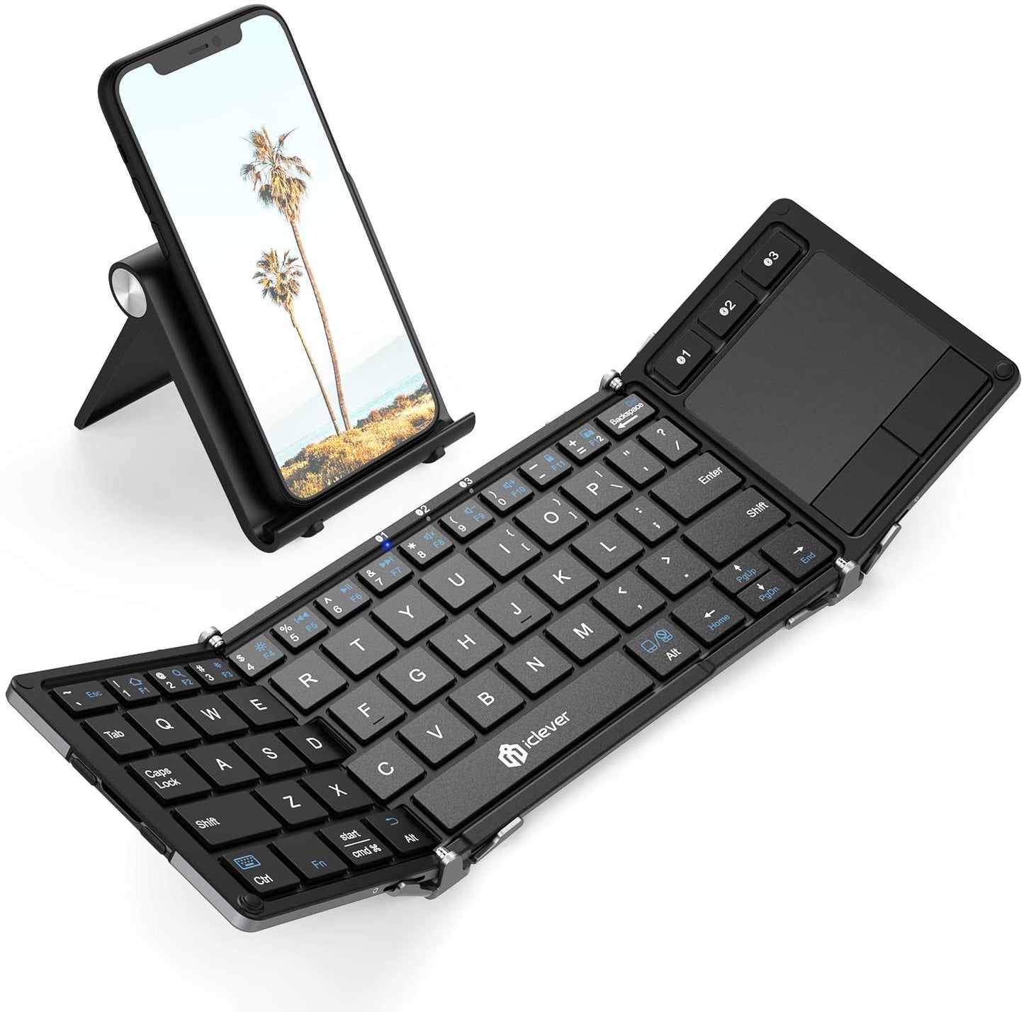 iClever BK08 Tri-Folding Wireless Keyboard Grey with Touchpad Balance Stand Foldable Aluminum Body Connect Switch Between 3 Devices Bluetooth