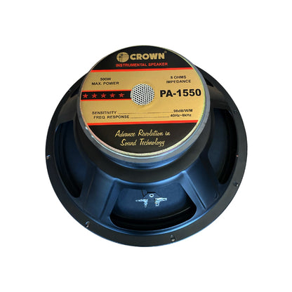 Crown 500W 15” Professional Instrumental Sound Audio Speaker with 98dB Sensitivity Level, Max 8 Ohms Impedance, 40Hz-6KHz Frequency Response, 75.5mm Voice Coil (PA-1550)