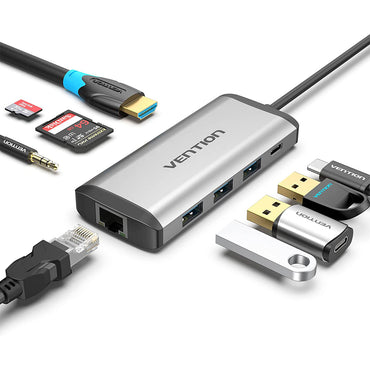 [CLEARANCE] Vention 9 in 1 USB C Hub (USB 3.0, HDMI, RJ45, TF, SD, 3.5mm TRRS, PD 87W) Docking Station Converter (THAHB)