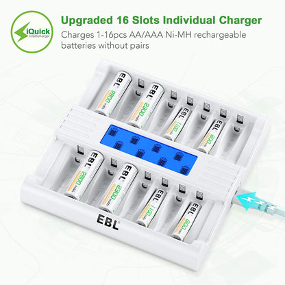 EBL TB-6178 16-Bay Smart Battery Charger with LCD Status Display, Independently Controlled Fast Charging Slots, and Built-In Overcharging Protection for AA AAA NiMH Rechargeable Batteries