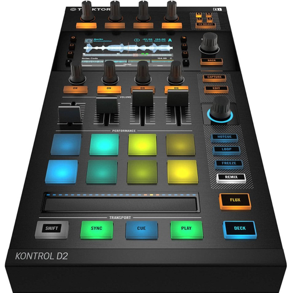 Native Instruments Portable Traktor Kontrol D2 Deck Controller with 8 Color Coded Pads, 30 Studio Quality Effects and Integrated USB Ports for DJ and Musicians