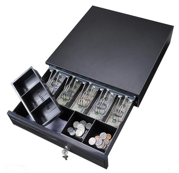 LogicOwl OJ-405B Full Metal Cash Register Drawer Box for POS Printers RJ11 | 5 Bill, 5 Coin Tray, 1 Detachable Coin Tray with 2 Keys