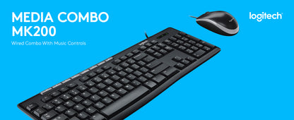 Logitech MK200 Media Wired Full-sized Keyboard with Spill-Resistant Design, 8 Multiple Hot Keys, and Optical Mouse Combo (Black)