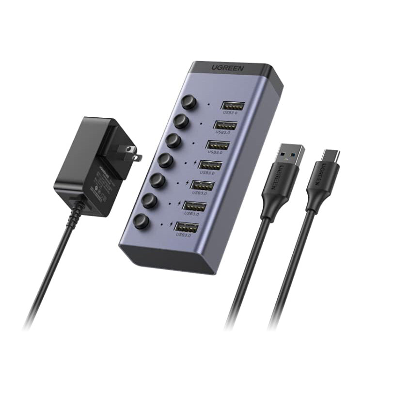UGREEN 7 Port USB 3.0 Hub with 4 Fast Charge Slots Individual Toggle Switches and 5Gbps Data Transfer Speeds (12V Power Adapter Included) | 90305