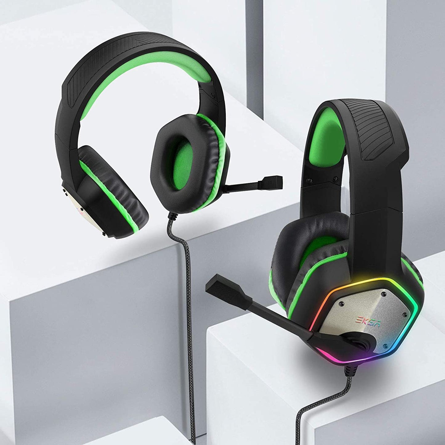 EKSA E1000 7.1 Surround Sound Gaming Headset With Microphone For PS4/Xbox-One/PC Gamer Stereo USB Wired Headphone RGB LED Light Green