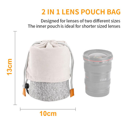 K&F Concept 2-in-1 Neoprene Camera Lens Pouch Bag Dust-Free Protective Carry Case with Sponge Mat for Short and Long Lenses (10x18cm)