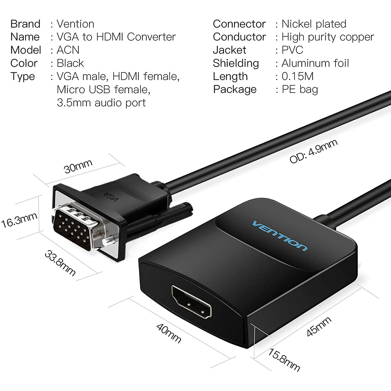Vention VGA to HDMI Converter Cable ABS Type 1080p 60Hz (Male to Female) 0.15-meters with Micro USB / 3.5mm Audio Port and Cord (ACNBB)