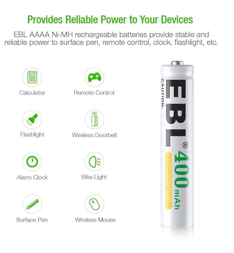 EBL TB-4A40 1.2V AAAA 400mAh Ni-MH Nickel Metal Hydride Rechargeable Battery with Environmentally-Friendly Construction, Low Self Discharge, and Included Storage Case for Portable and Emergency Electronics (Pack of 4)