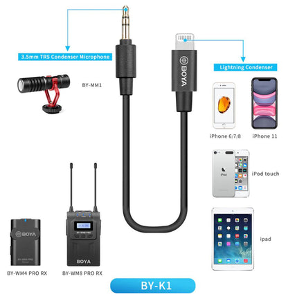 [CLEARANCE] Boya BY-K1 3.5mm TRS (Male) to 20cm (Male) Lightning Adapter Cable Compatible with iPhone iOS Devices