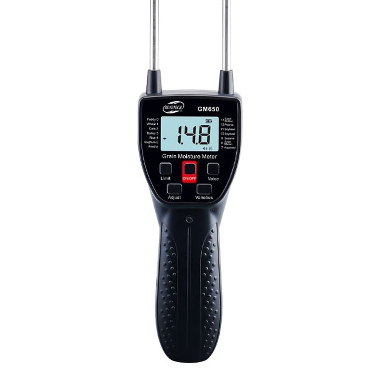 Benetech GM650 Grain Moisture Meter Tester with Voice Reminder, LCD Backlight, Stainless Steel Probe, Low Battery Notification, Automatic Shutdown Function