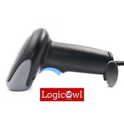 LogicOwl 1D 2D Laser Handheld QR Barcode Scanner with Stand Wired Bar Code Reader Automatic CMOS for Image Scanner, Screen Scan Support Plug and Play for Store, Supermarket and Warehouse Inventory
