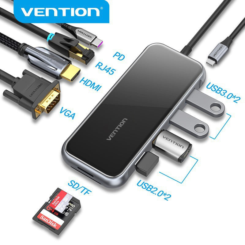 Vention 10 in 1 USB-C Hub 10-Ports Docking Station (USB 3.0, USB 2.0, SD/TF, VGA, HDMI, RJ45, PD) (TFGHB)
