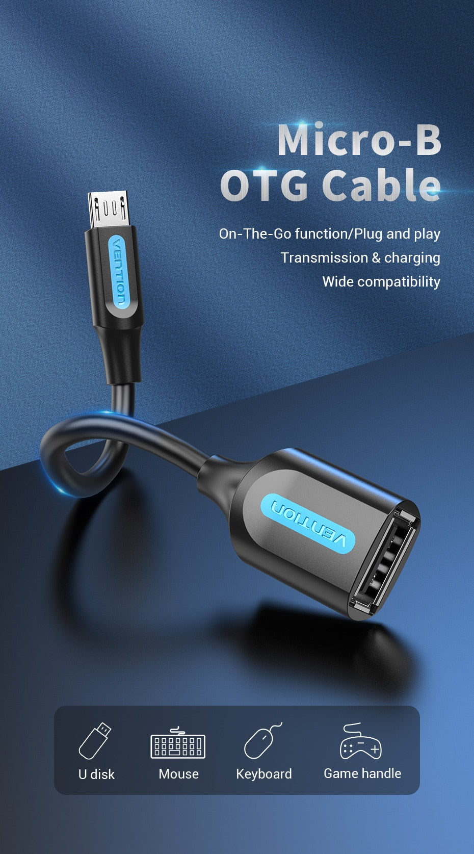 Vention USB 2.0 Micro-B Male to A Female OTG Cable 0.15M 480Mbps Black PVC Type (CCU)