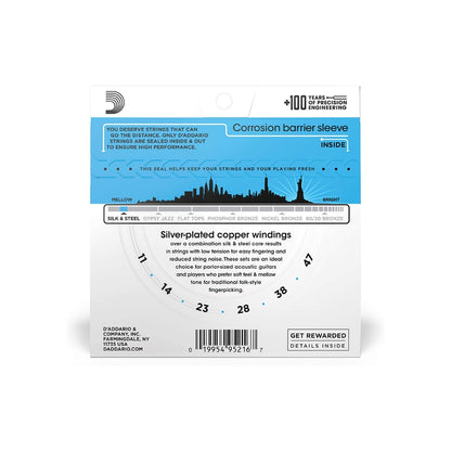 D'Addario Silk and Steel Folk Light Gauge Acoustic Guitar Strings Set with Low Tension & Silver-Plated Windings (.011-.047) | EJ40