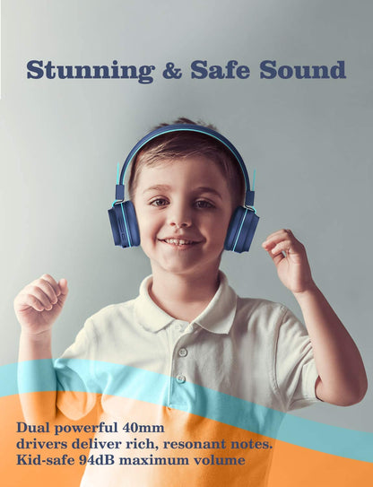 iClever BTH03 Kids Wireless Headphones Blue with Colorful LED Lights Bluetooth 5.0 Twistable Adjustable Foldable Headband 25hours Playtime